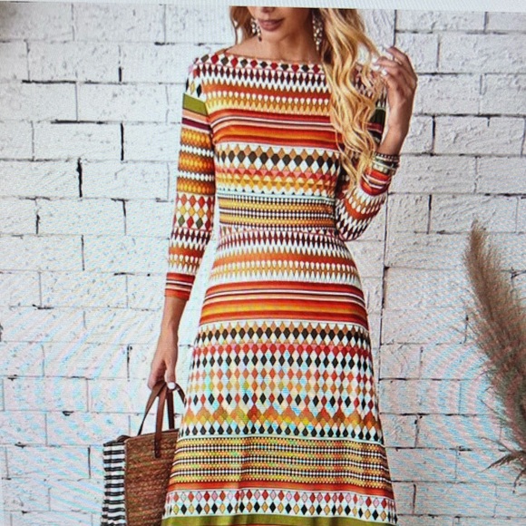 NWT - Boho Women's Dresses Multicolor Striped Crewneck Long Sleeve Dress - Picture 1 of 3